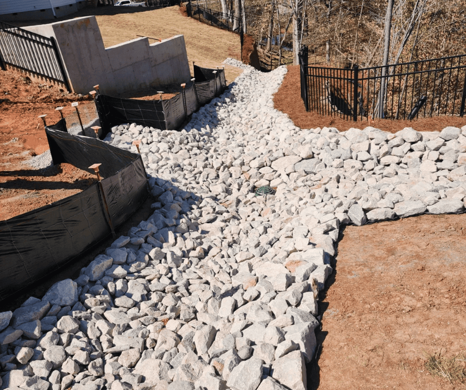 Stone rip-rap dissipater over matting