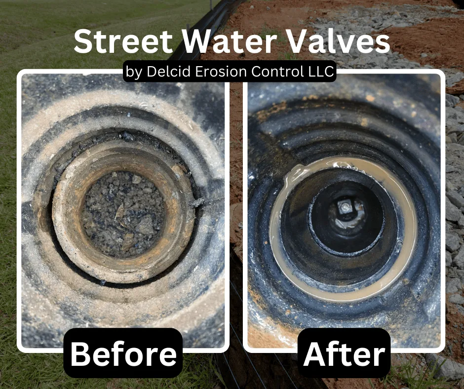 Before and after of a cleared street water valve