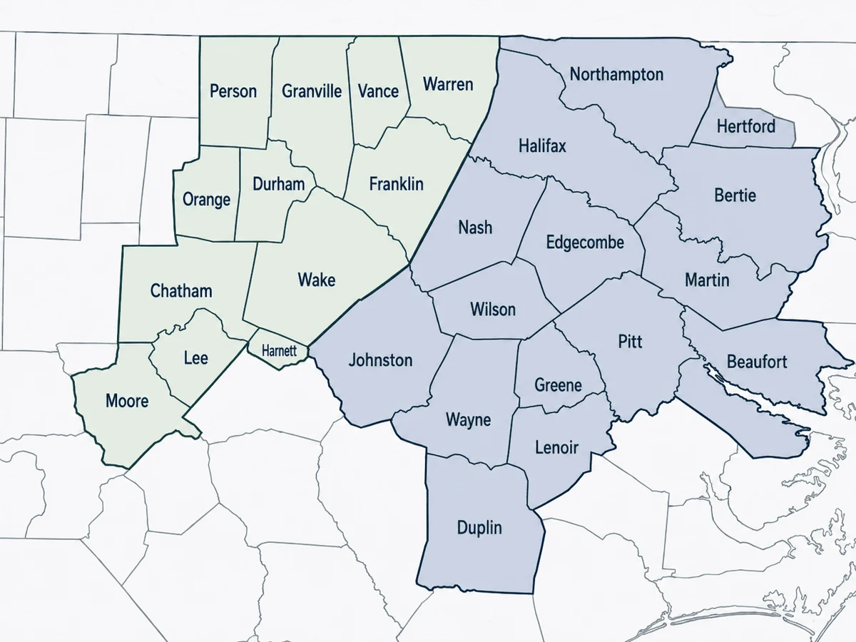 Map of North Carolina counties served by Delcid Erosion Control